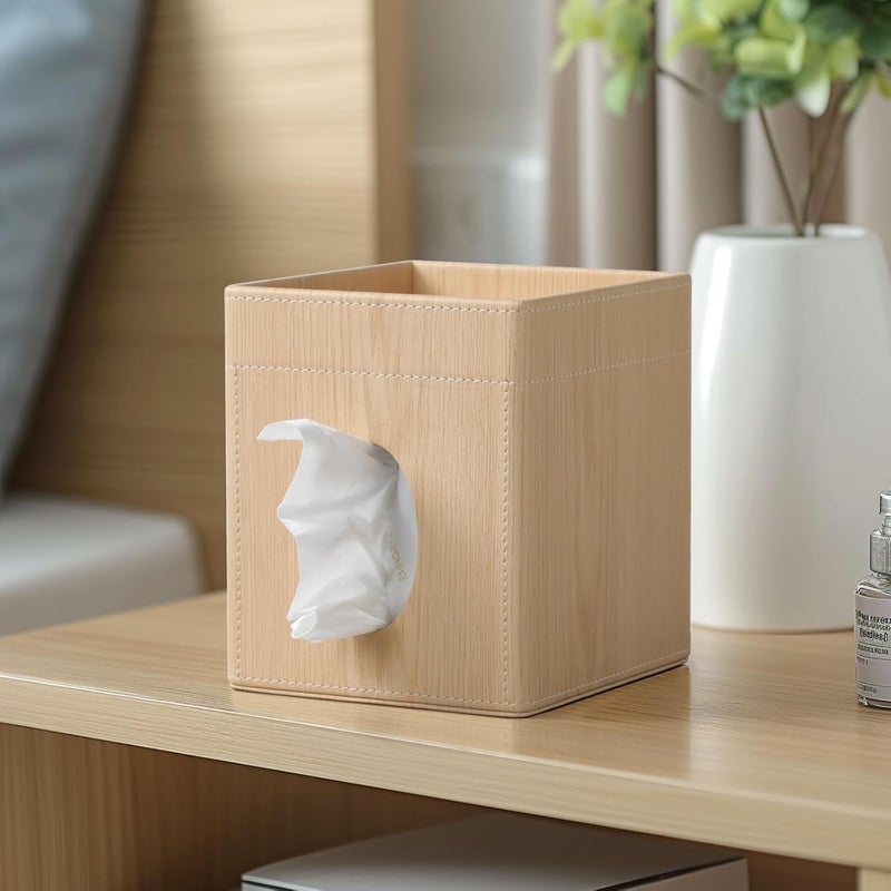 Cretkhp Tissue Box Cover, PU Leather Square Tissue Box Holder with Storage Tray for Bathroom Vanity Countertop Night Stands Bedroom Office Desk, Stylish Tissue Holder Decorative Organizer (Oak) - Image 5